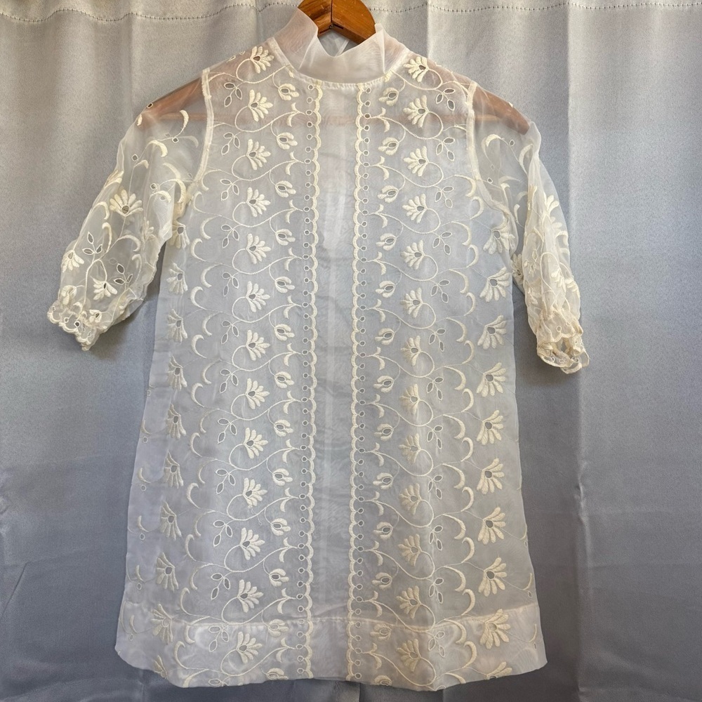 Vtg Handmade Sheer Girl Dress Delicate Details High Neck A Line See Measurements